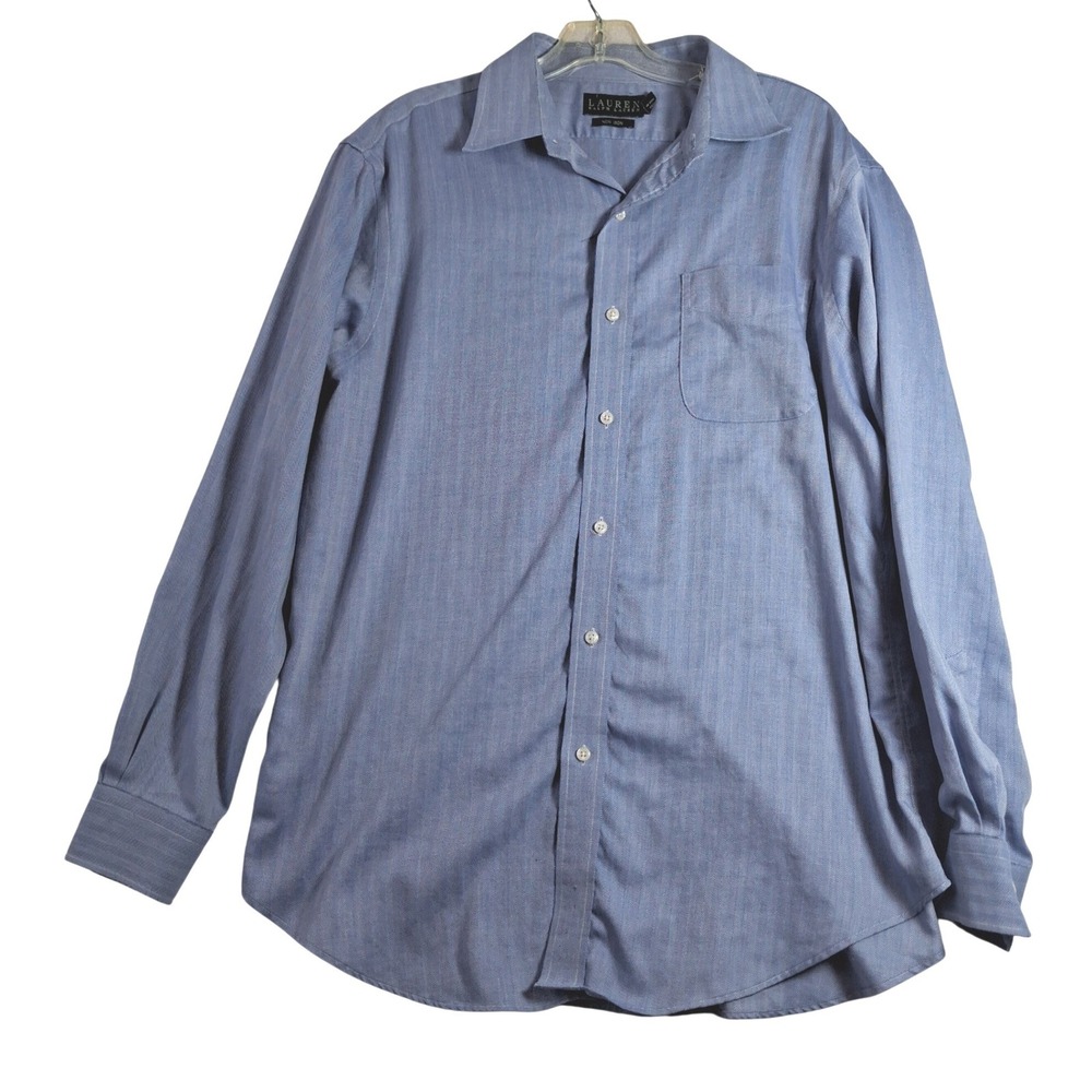 Lauren Ralph Lauren Mens Blue Herringbone Non Iron Cotton Dress Shirt 16.5 34/35